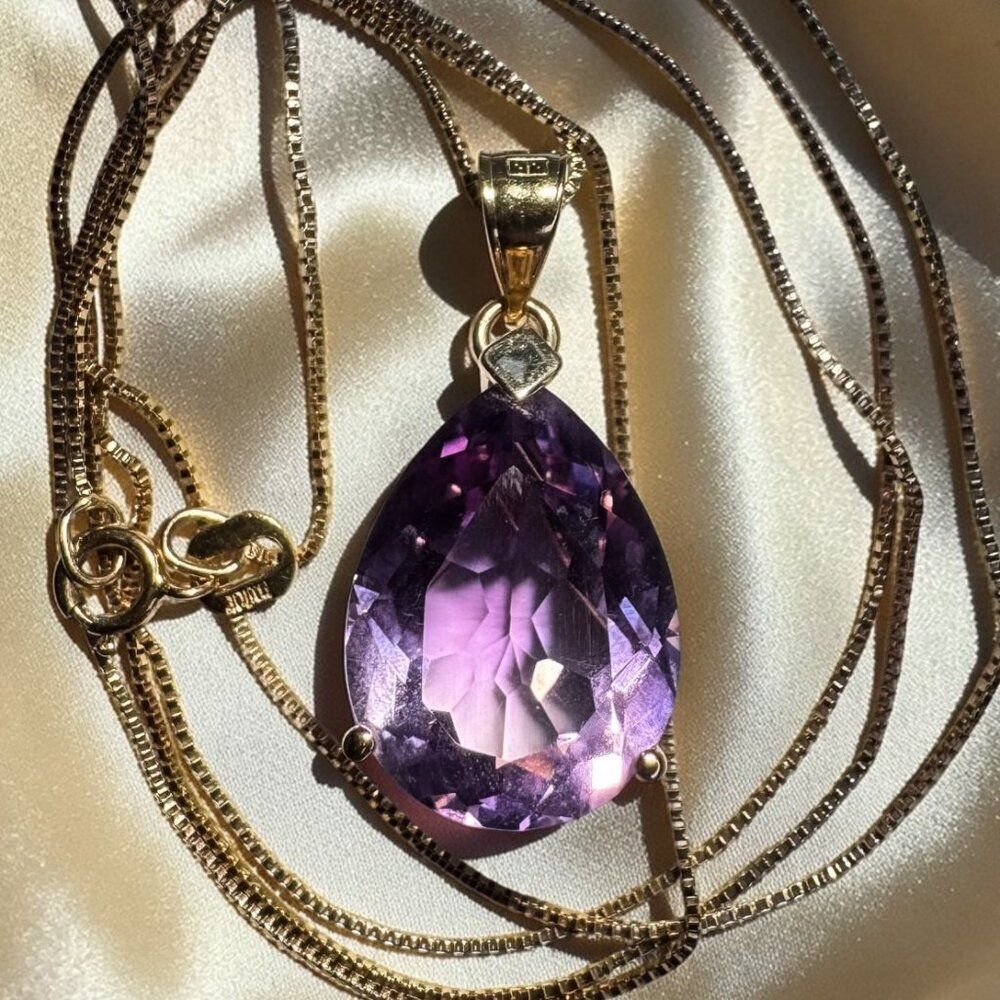 VINTAGE- 14K Gold -LARGE Natural Amethyst Necklace -24" -7cttw Solitaire -3.7g
